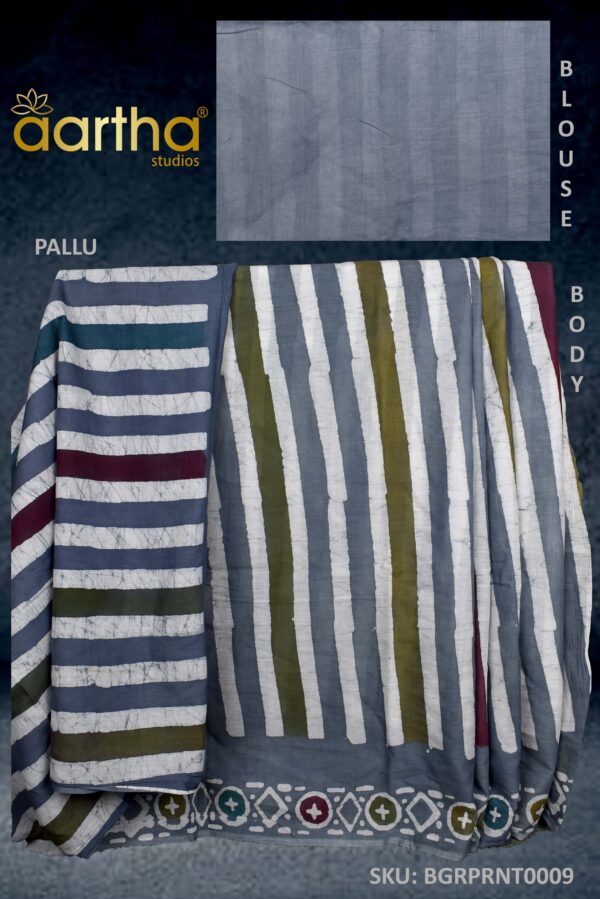 Grey, White and Brown MulMul Cotton Saree