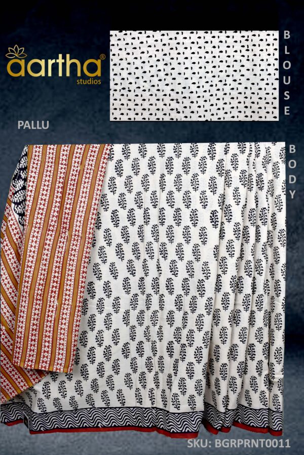 Cream Black Mulmul Cotton Saree with Blouse