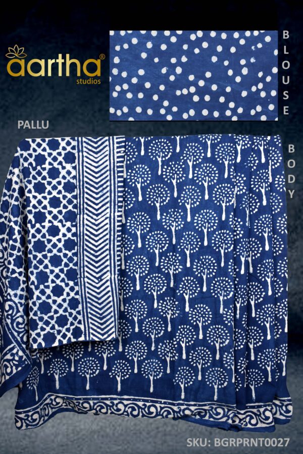 Indigo White Mulmul Cotton Saree with Blouse