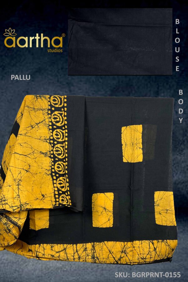 Yellow Black Mulmul Saree with Pattern Prints
